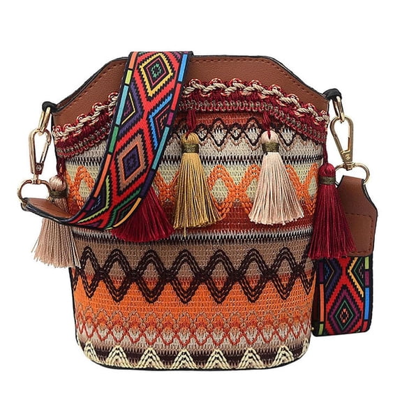 Handmade Woven Tassel Bucket Bag, Boho Vintage Crossbody Bag for Women, Lightweight Travel Shoulder Purse with Adjustable Strap and Tassel Accents