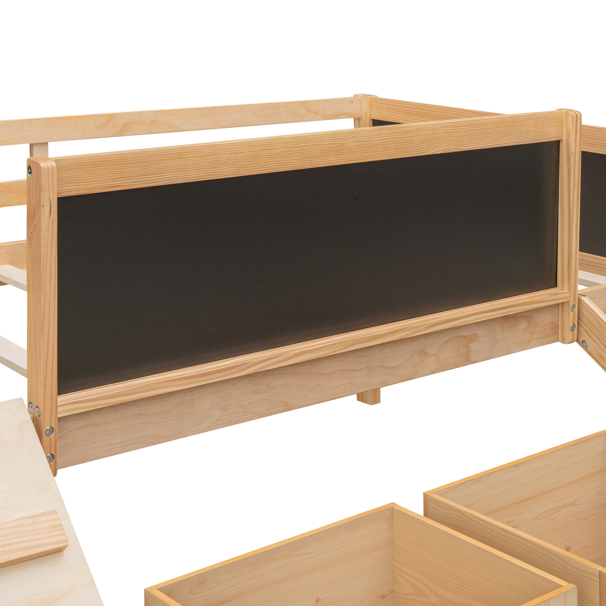Gewnee Twin Size Wood Loft Bed with Slide,Climbing Frame,Two Movable Drawers and Chalkboard for Kids,Natural
