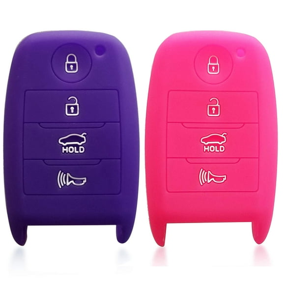 2pcs Dobrev 4 Buttons Silicone Case Protector Key Fob Cover Smart Car Remote Holder for KIA Optima Forte Sorento Rio (Purple and Pink)