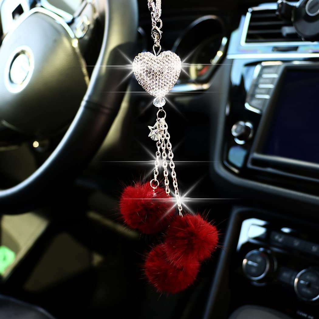 Shengshi Bling Car Mirror Accessories Creative Rear View Mirror Crystal Hanging Charms Lucky Pink Plush Ball Pendant Automobile Ornaments Red