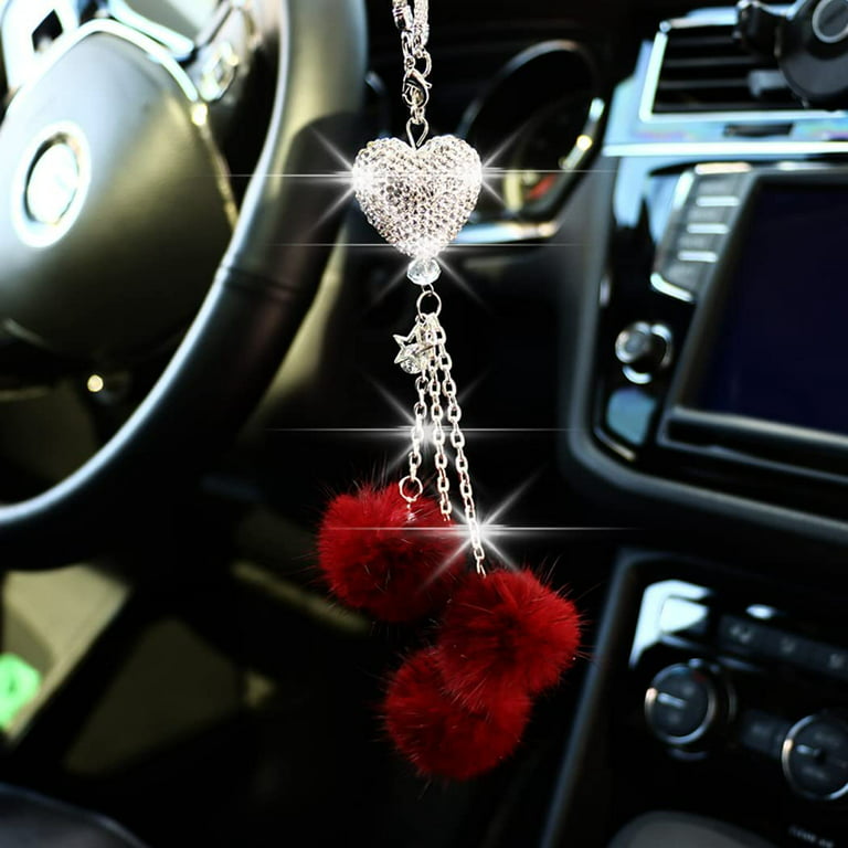 Alvage Car Bling Rear View Mirror Hanging Accessories for Women & Men, Rhinestones Diamond Love Heart and Red Plush Ball Crystal Sun Catcher Lucky Ornament