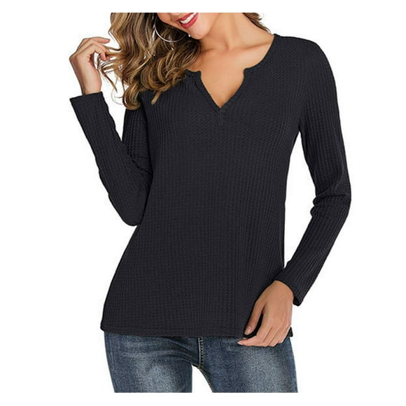 Coloody T-Shirts à Manches Longues Tricotés pour Femmes Printemps Automne Couleur Unie Col en V Blouse Ample Tops Décontractés