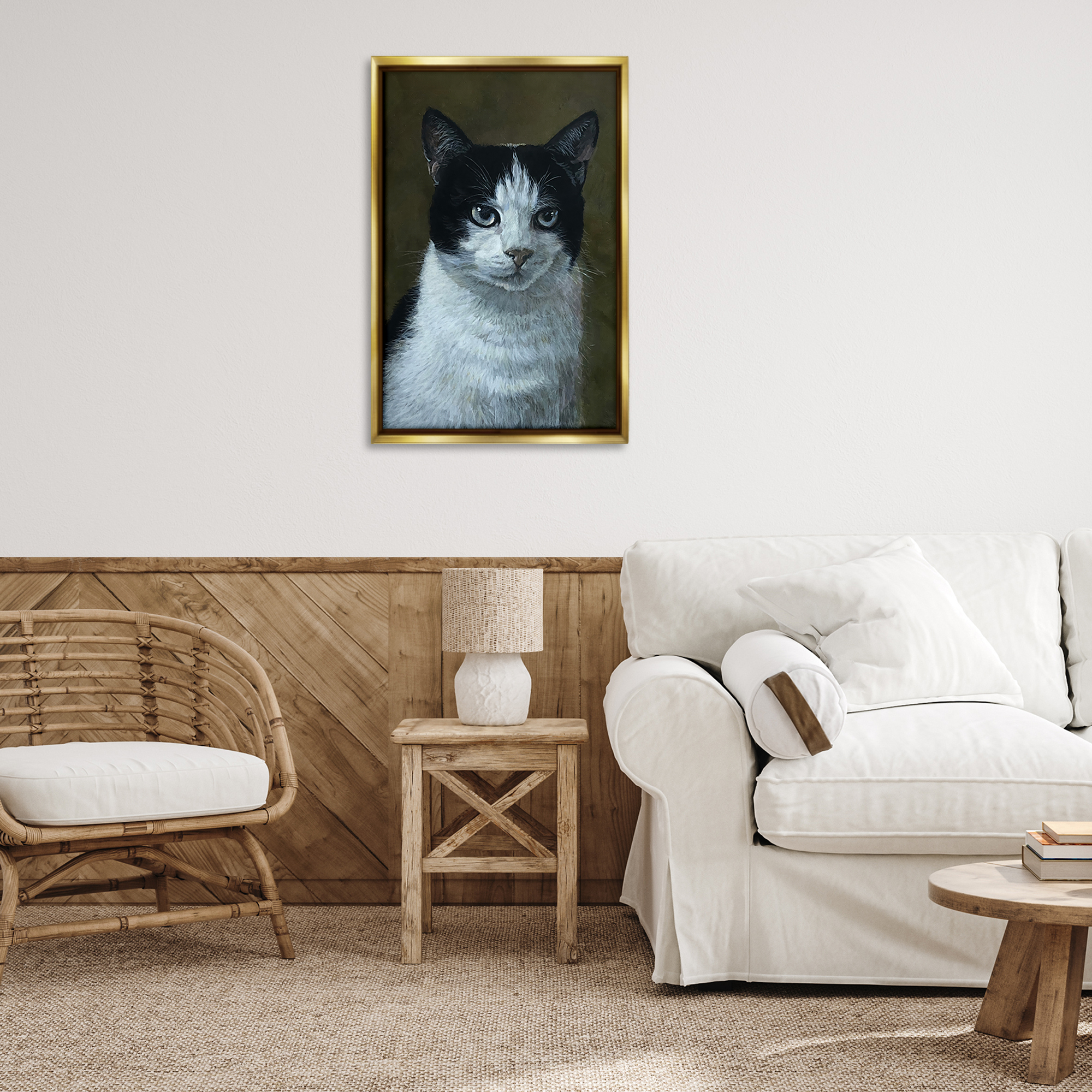 Stupell Industries Black & White Cat Angst Animals Painting Gold Floater Framed Canvas Art Print Wall Art, 21 x 31