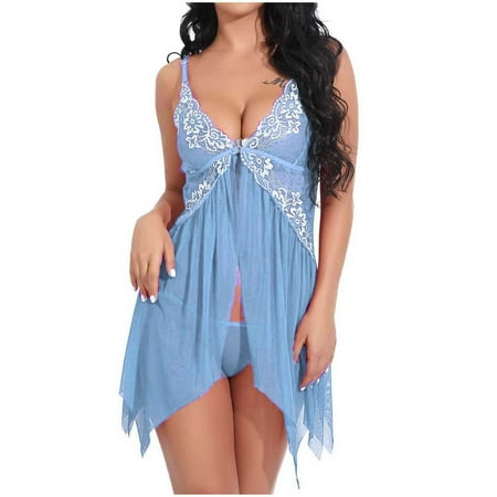 GENGING Lingerie Clearance Lingerie for Women Floral Lace Chemise Mesh Nightwear Spaghetti Straps Nightie Open Front Sleepwear Deep V Neck Sexy Babydoll Nightgown Light Blue XL