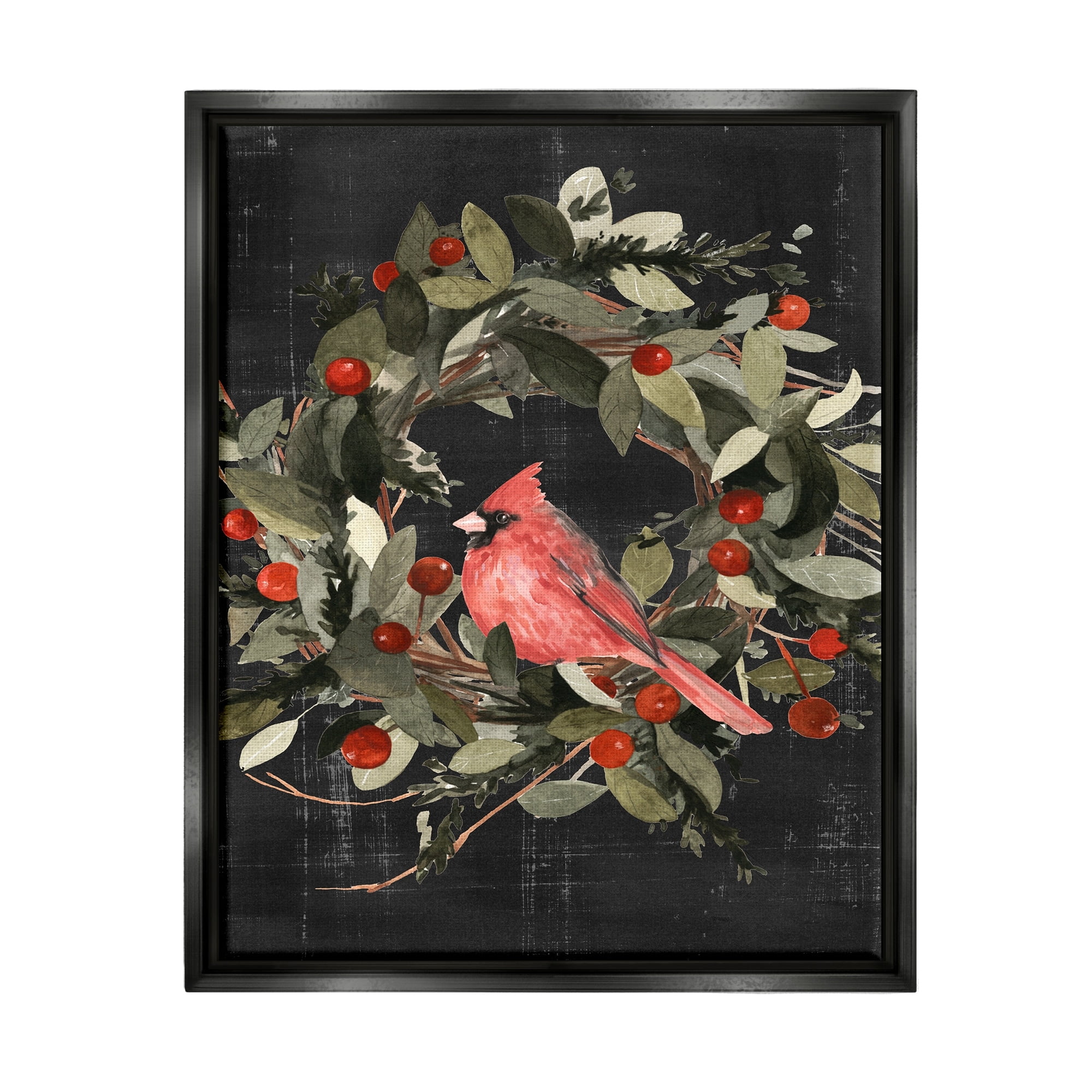 Stupell Industries Red Cardinal In Wreath Design Luster Gray Framed Floating Canvas Wall Art, 24x30, by Emma Scarvey