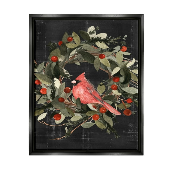 Stupell Industries Red Cardinal In Wreath Design Jet Black Framed Floating Canvas Wall Art, 16x20, by Emma Scarvey