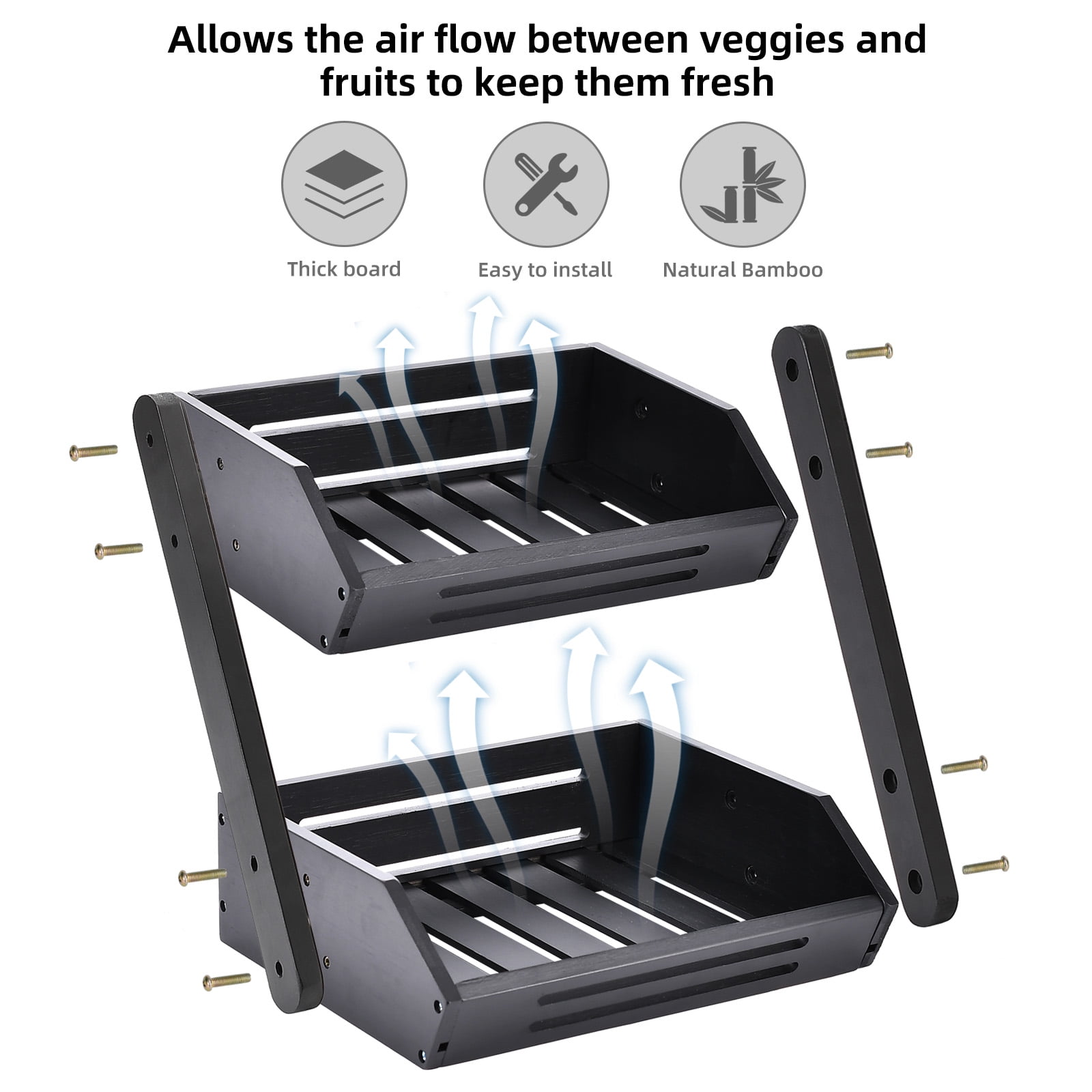 Fruit Basket, 2 Tier Bamboo Fruit Bowl for Kitchen Counter, 11" Tall Produce Storage Stand for Vegetables and Snack, 15 mm Thickness (Self-Assembly)
