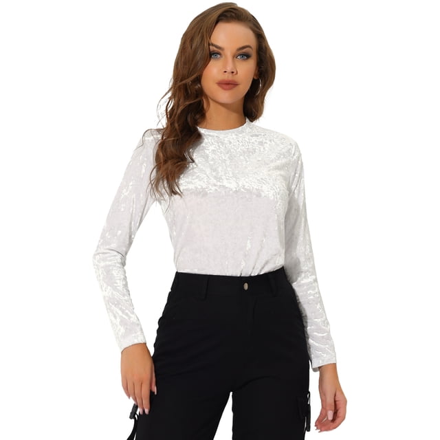 Camiseta casual Allegra K de manga larga con cuello redondo de terciopelo blanco XL
