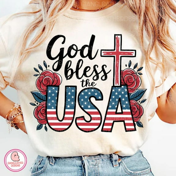 God Bless the USA T-Shirt, Christian 4th of July Tee with Cross and Bible Verse, Patriotic Floral America Flag Shirt, Faith Freedom Tee