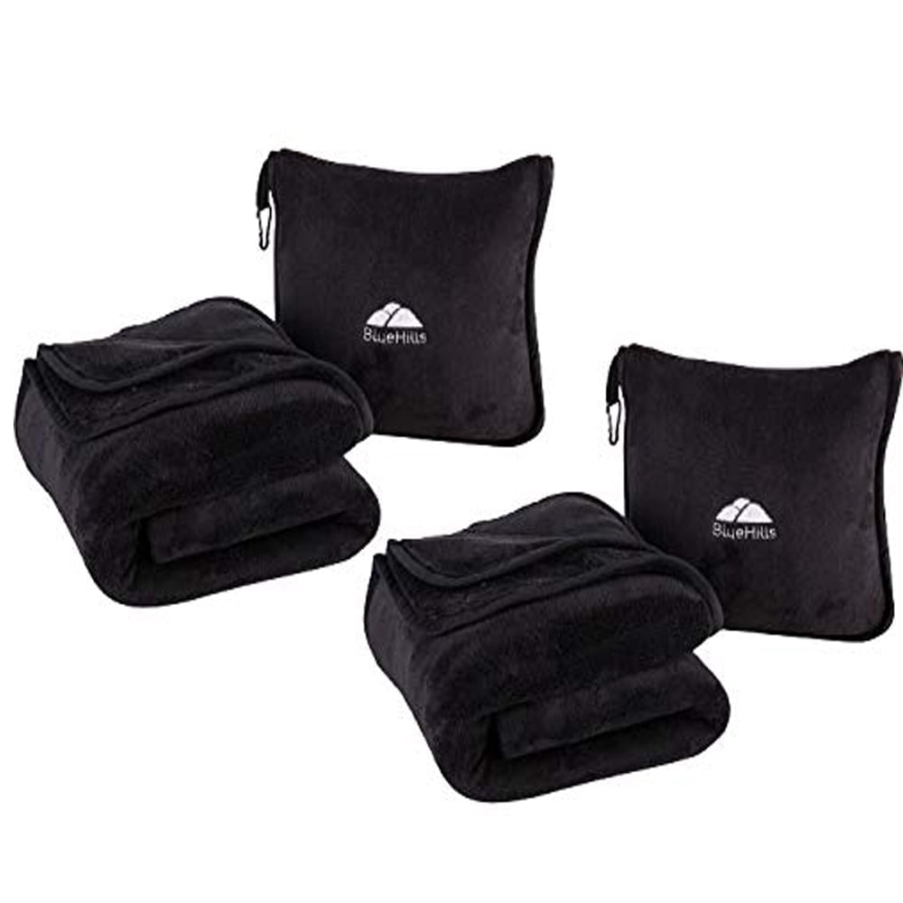 BlueHills Premium Soft Travel Blanket Pillow Airplane Throw 2-Pack -Black