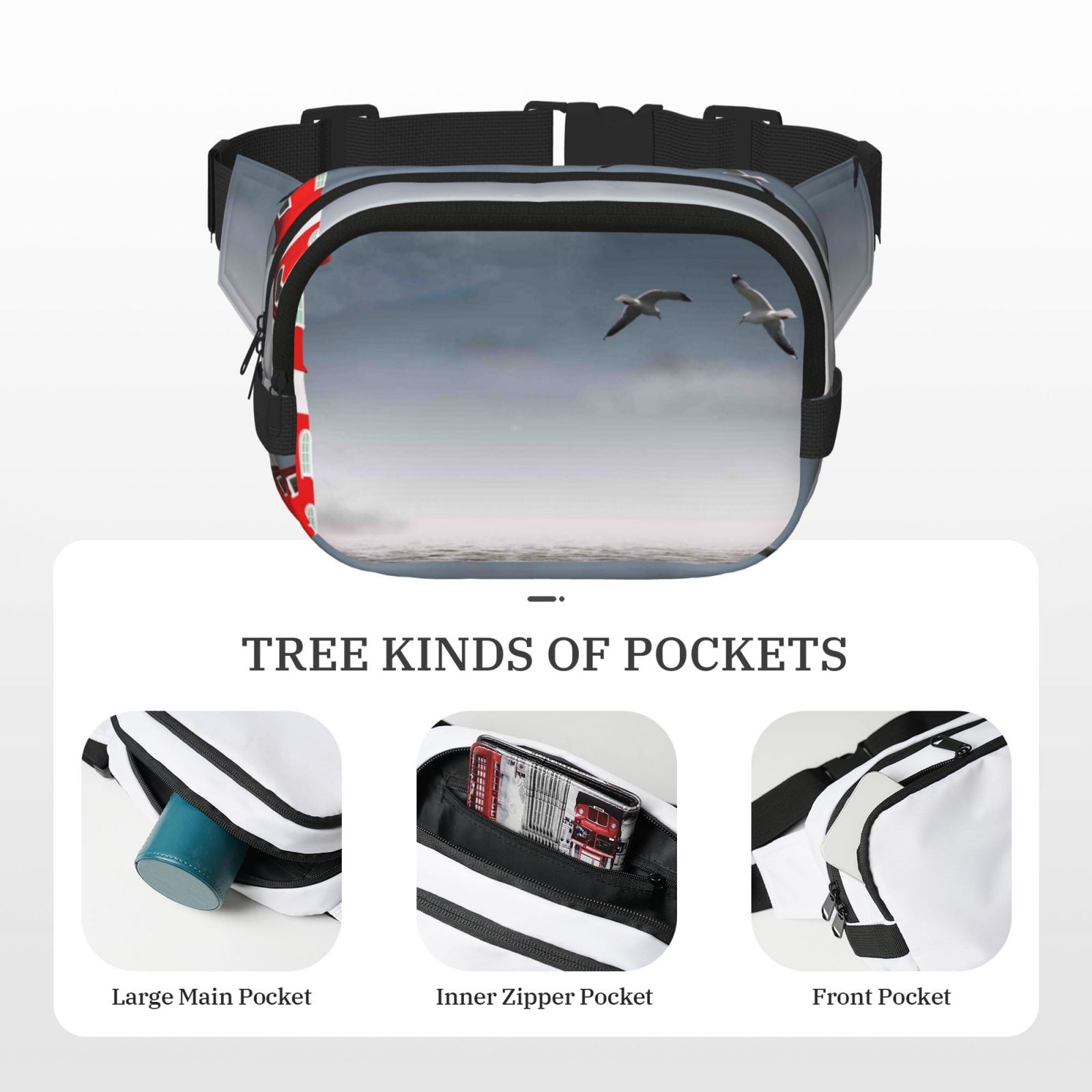 Picia 3d Lighthouse in the Surf Print Square Double-Layer Waist Bag Mini Adjustable Waist Belt Bag Exercise Running Travel Hiking