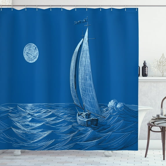 Vintage Boat Shower Curtain, Ship Sailing to the Ocean Moonlight Wavy Misty Night Artistic Ocean Scenery, Fabric Bathroom Set with Hooks, 69W X 84L Inches Extra Long, Cobalt Blue, by Ambesonne