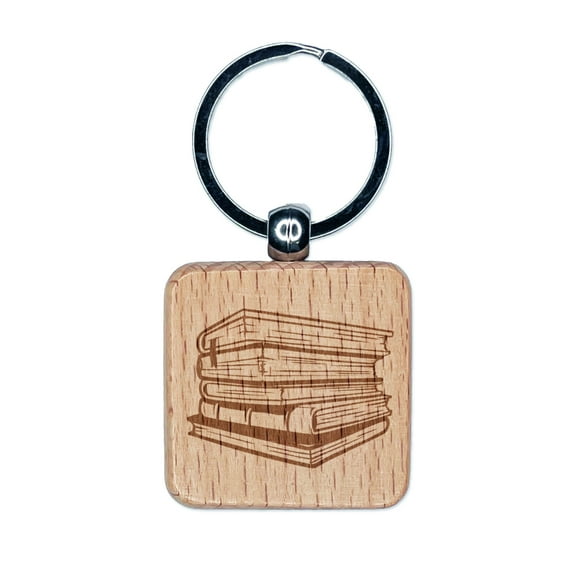 Stack Pile of Books Reading Square Keychain Charm Tag - Engraved Wood