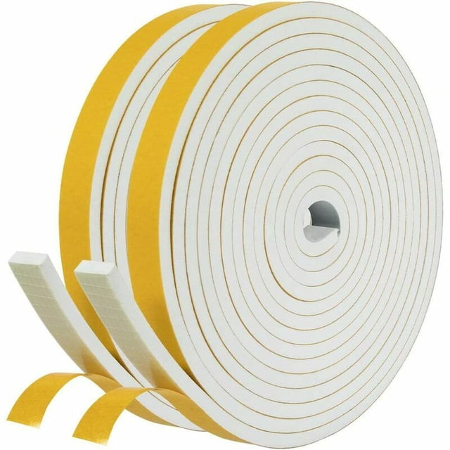 junta para puertas y ventanas junta adhesiva puerta entrada ventanas 2 rollos junta aislante de espuma de goma 12 mm x 6 mm x 4 m a prueba de viento masilla a prueba de golpes manija de pared d Dos rollos enrollados de cinta selladora autoadhesiva de espuma de goma blanca, vista 3/4 frontal; tira protectora amarilla visible sobre la cara adhesiva, extremos cortados muestran perfil rectangular de 12 mm de ancho por 6 mm de espesor y textura espumada; fondo neutro. También suele usarse para sellar marcos de ventanas, puertas o bordes de electrodomésticos.