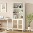 thumbnail image 2 of CQSXDA Tall Bookcase With Rattan Doors, Natural Wood Finish, 5 Tier Storage Solution For Library And Home Office Decor, 2 of 8