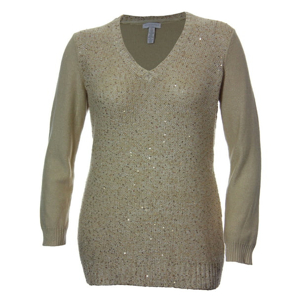 Charter Club - Charter Club Long Sleeve Sequin Front Shimmer V-Neck ...