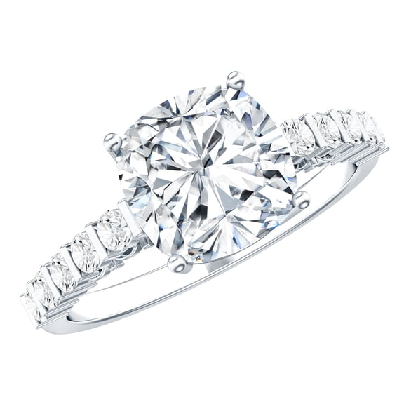 Rosec Jewels Certified Moissanite Engagement Ring Cushion 3 Carat - 8 mm - Side Stone Ring - D-VS1 Grade Certified, 925 Sterling Silver, US 4.00