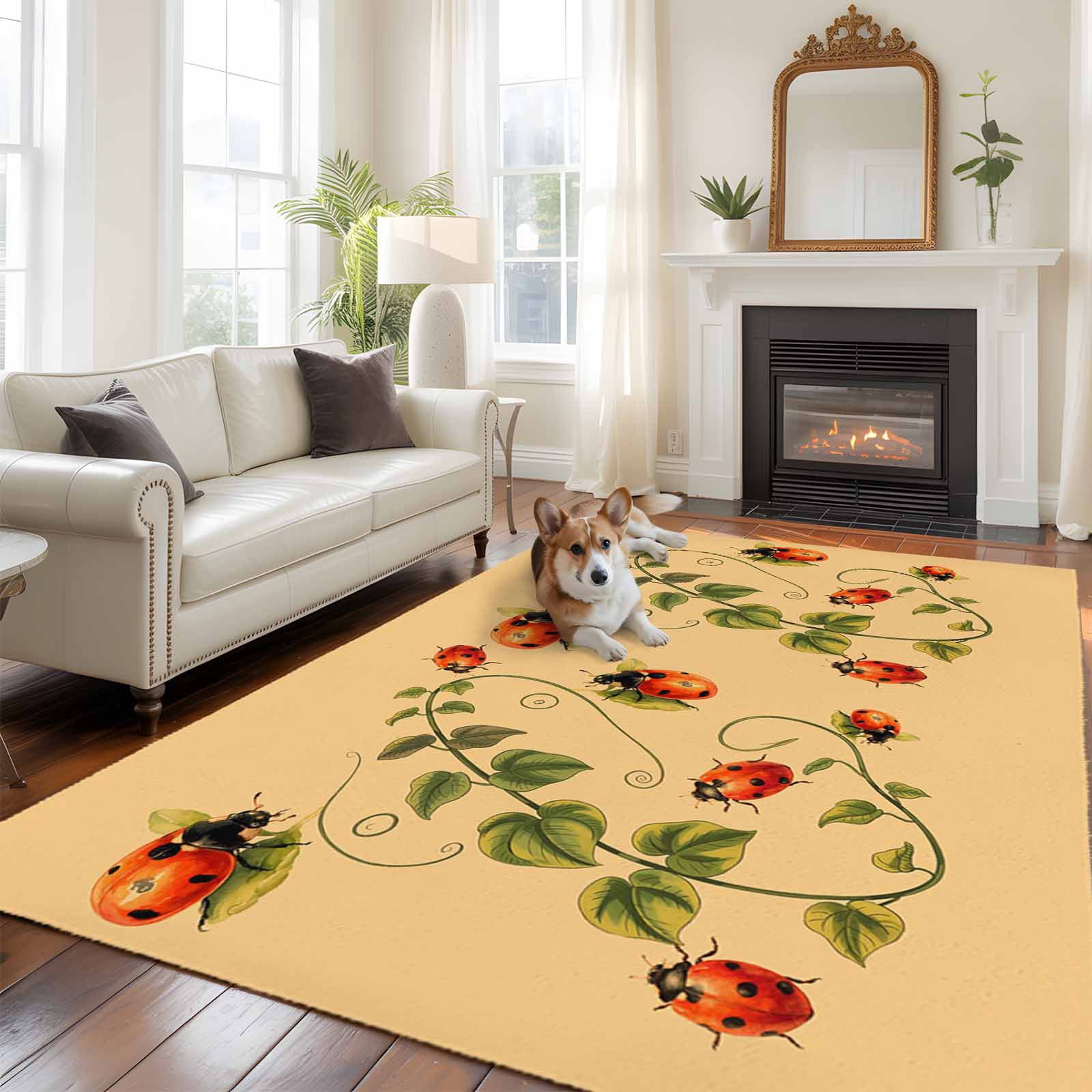 Ladybugs Eucalyptus Area Rugs 5'x7', Washable Small Throw Rugs for Laundry Room Playroom, Spring Botanical Leaves Yellow Indoor Outdoor Rug Non-Slip Low Pile Carpet Runner Reversible Floor Mats