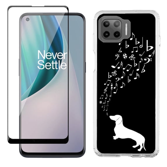 Slim-Fit Protective Phone Case compatible with Motorola Moto One 5G UW, with Tempered Glass Screen Protector, by OneToughShield ® - Dachshund/Puppy Music
