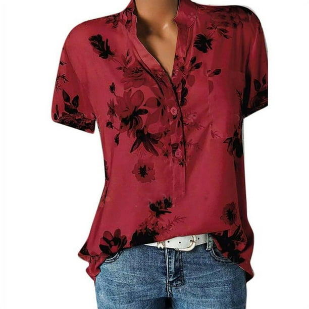 Blusa de gasa para mujer Camisas de manga corta con cuello en V Blusa con estampado floral Ormromra CJWUS-4694