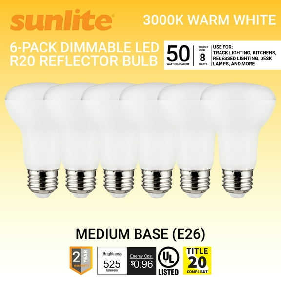 Sunlite LED 90 CRI R20 Recessed Light Bulb, 8 Watts (50W Equivalent), Medium E26 Base, Dimmable,UL Listed, 3000K Warm White, 6-Pack