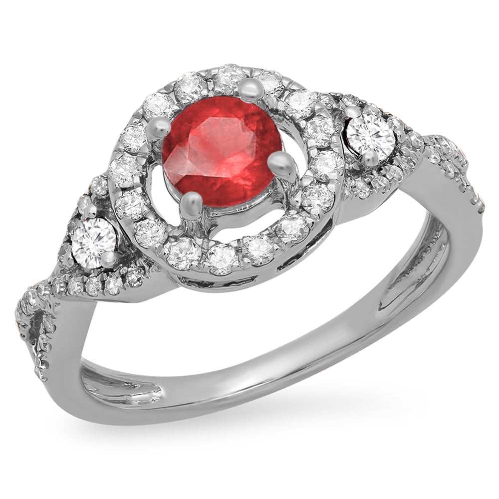 Dazzlingrock Collection 10K Gold Round Ruby & White Diamond Ladies Bridal Halo Style Swirl Split Shank Promise Ring