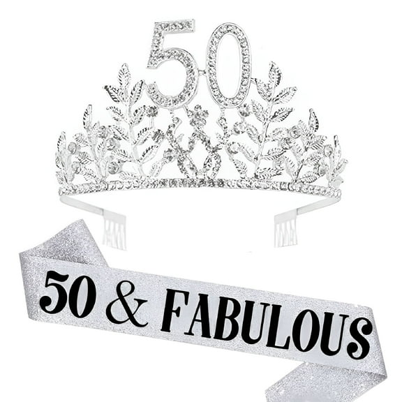 TELOLY 50th Birthday Sash and Crown Hair Band for Women, Birthday Crown for 50th Birthday Party Decorations - Silver