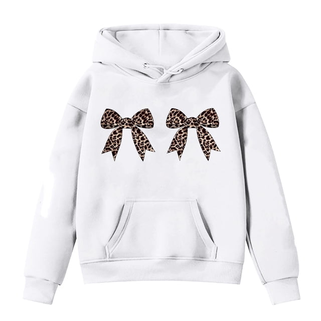 Aocisk Sweat à Capuche Court à Manches Longues et Col Rond Imprimé Nœud pour Filles Blanc 4-5 Ans