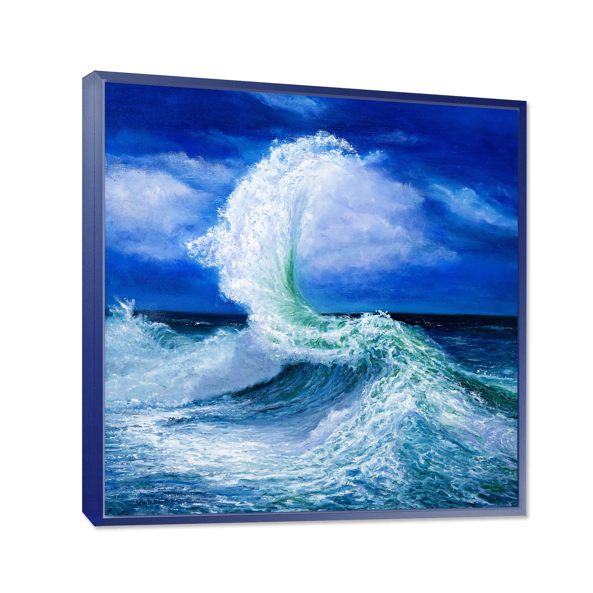 Designart 'Waves Breaking During Wild Blue Ocean Tide' Nautical & Coastal Framed Canvas Wall Art Print
