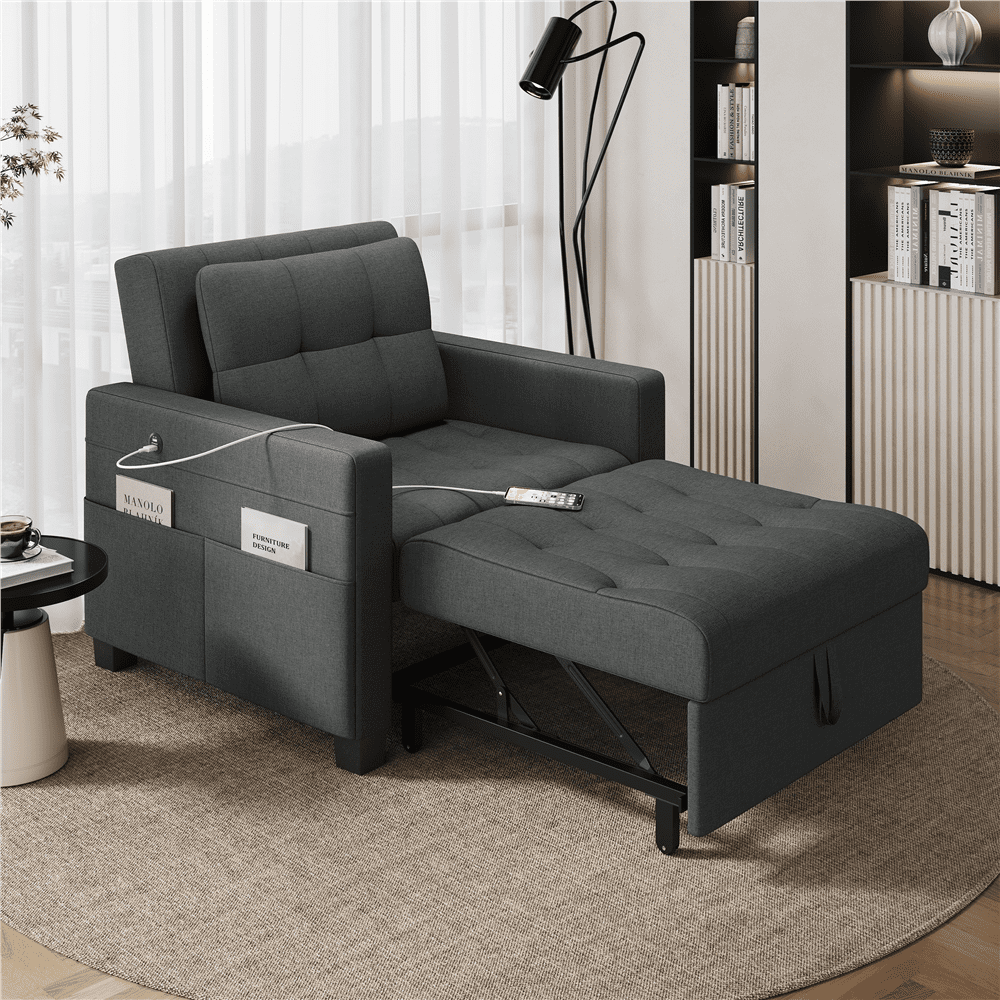 Renwick 3-in-1 Convertible Sleeper Sofa Bed with Adjustable Backrest & USB Ports, Dark Gray
