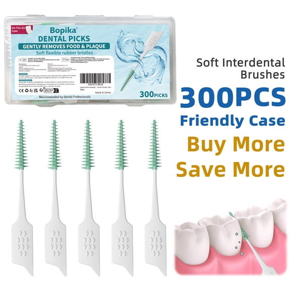 Bopika Soft Interdental Brushes - 300PCS Gentle Dental Picks for Braces, Bridges & Wide Gaps, Dentist-Recommended with Travel-Friendly Case