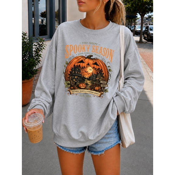 Spooky Season Sweatshirt, Vintage Gothic Halloween Crewneck, Black Cat Ghost Scarecrow Pullover, Cottagecore Fall Womens Sweatshirt