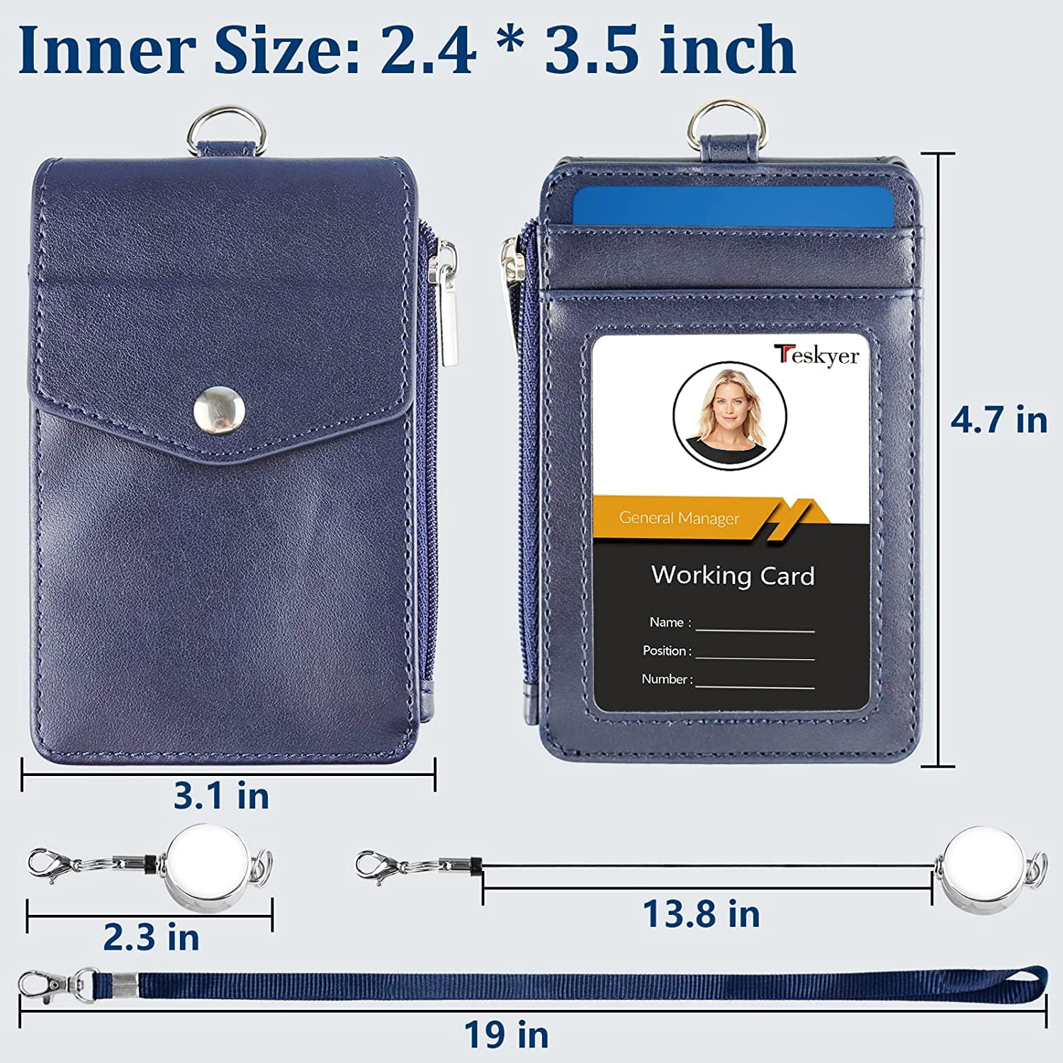 Badge Holder with Zipper Life-Mate PU Leather ID Badge Card Holder Wallet Case with 5 Card Slots 1 Side Zipper Pocket & 19' Polyester Neck Lanyard