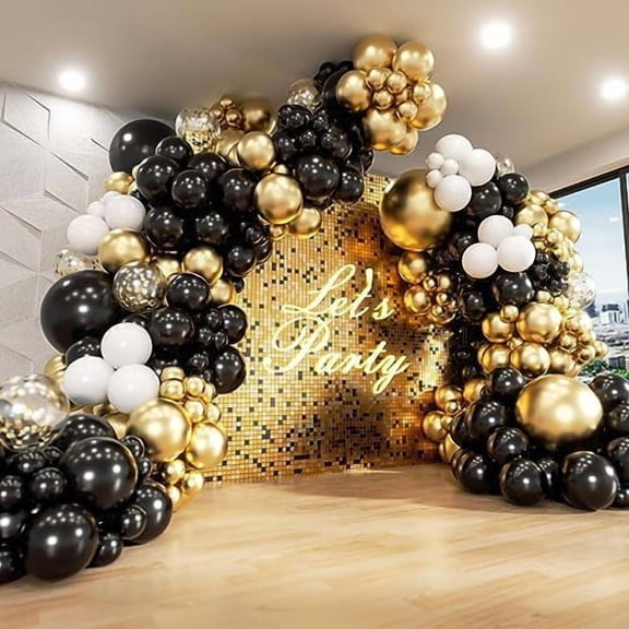 182pcs Black and Gold Balloons Garland Arch Kit, 5 10 12 18 inch Black White Metallic Gold Confetti Latex Balloons for 2024 Graduation Decorations New Year Birthday Party Decorations