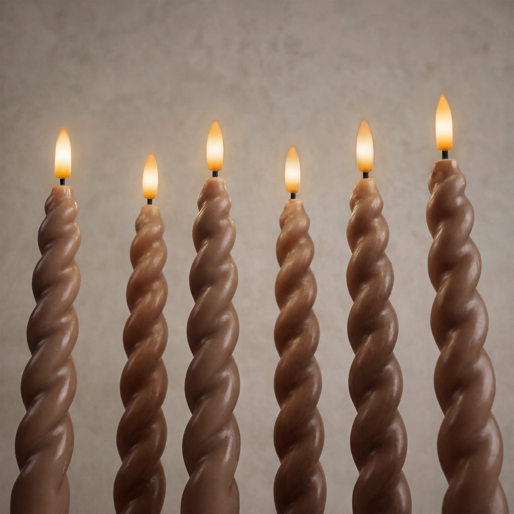 WYZworks 10" Flameless LED Taper Candles – Full Twisted Spiral – Brown, Set of 6 – Remote, 2/4/6/8-Hr Timer (24-hr Memory), Bottom On/Off Button, Dimmable, Battery Operated, Flicker/Steady