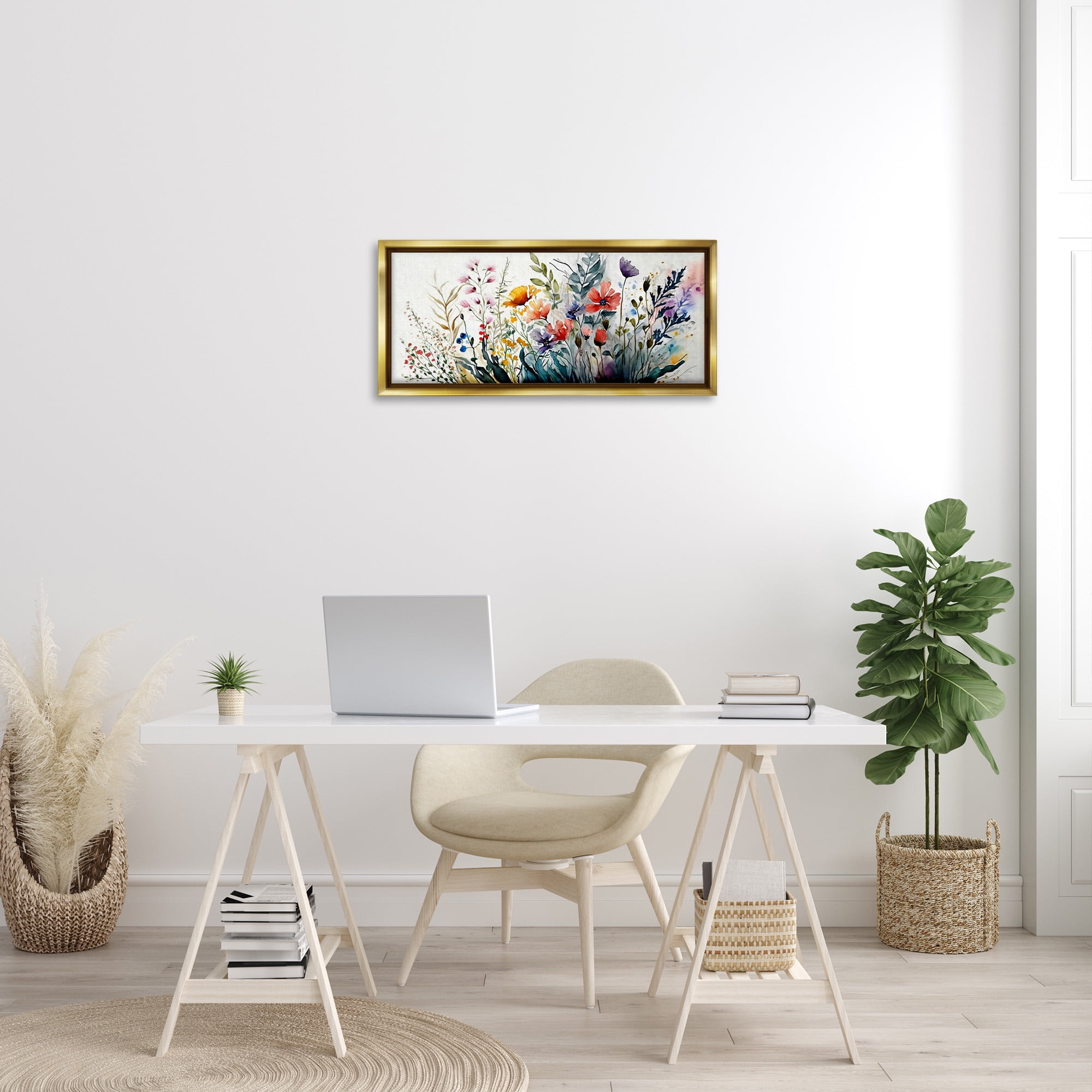 Stupell Industries Bold Floral Hues Blooming Nature Botanical & Floral Painting Gold Floater Framed Canvas Art Print Wall Art, 31 x 14
