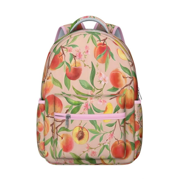 Peaches Print Students Backpack Fresh Pink Peach School Bag with Cute Funny Kawaii Pattern, Abstract Summer Fruit Painting Design