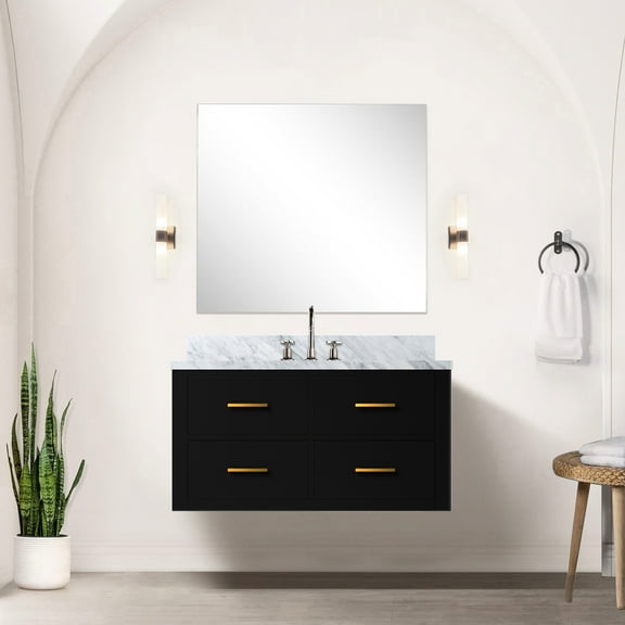 36 In. X 22 Black Bathroom Vanity With Marble Top And Faucet, Soft Close Design In W D Cabinet