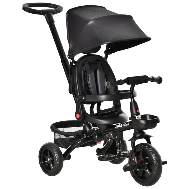Qaba Triciclo para niños 4 en 1 con asiento reversible, manija de empuje de 2.8'-3.1' de altura, toldo, pasamanos, cinturón de seguridad, reposapiés de almacenamiento, embrague de freno, para niños de