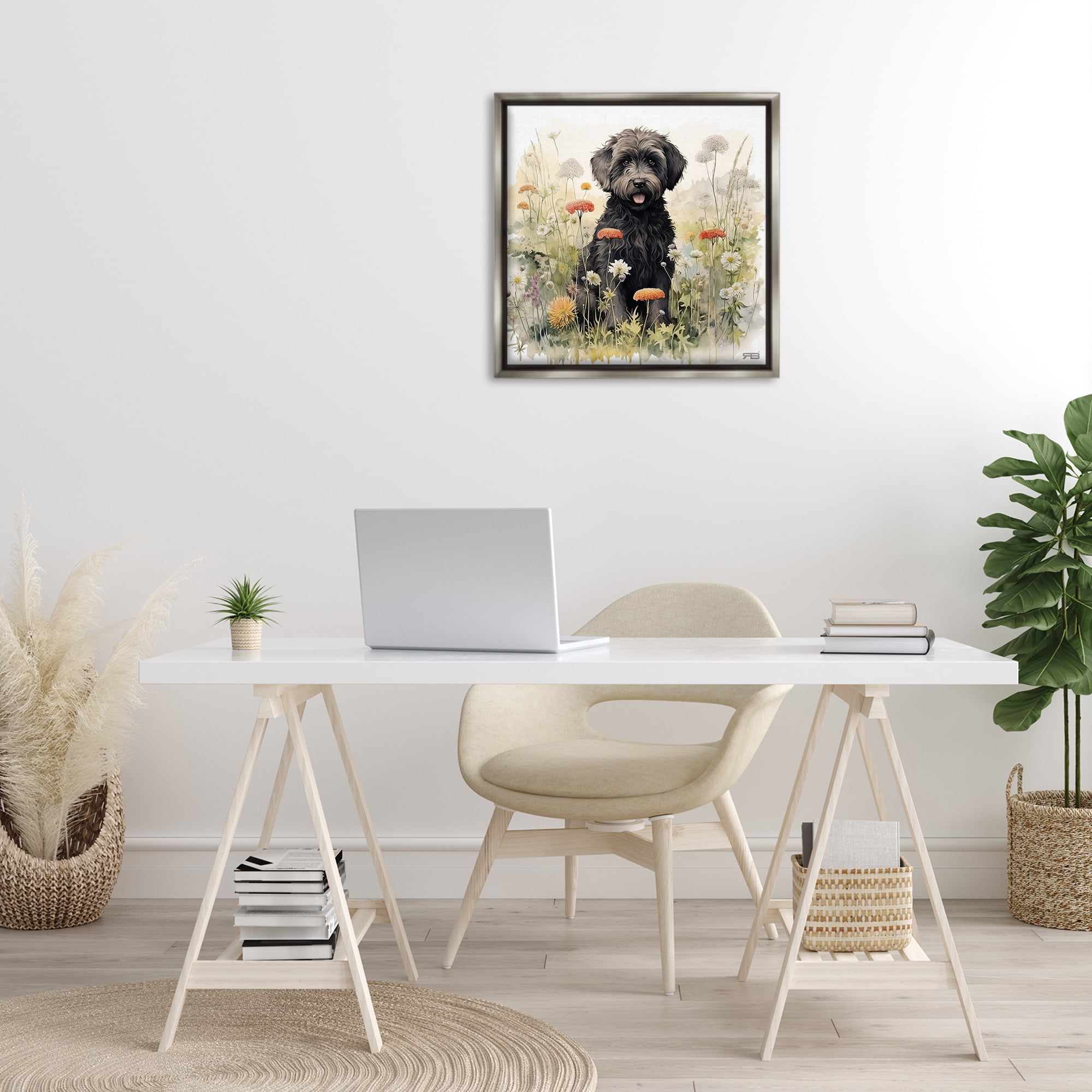 Stupell Industries Black Terrier in Meadow Animals & Insects Painting Gray Floater Framed Canvas Art Print Wall Art, 25 x 25