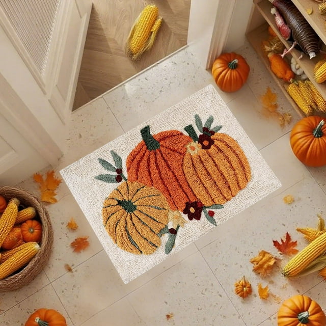 Lksixu Fall Pumpkin Bathroom Rugs, 16"x24" Pumpkin Shaped Plush Bath Mat, Non-Slip Absorbent Fluffy Floor Mat, Farmhouse Decorative Front Door Carpet Halloween Decorations for Kitchen Bedroom Outdoor