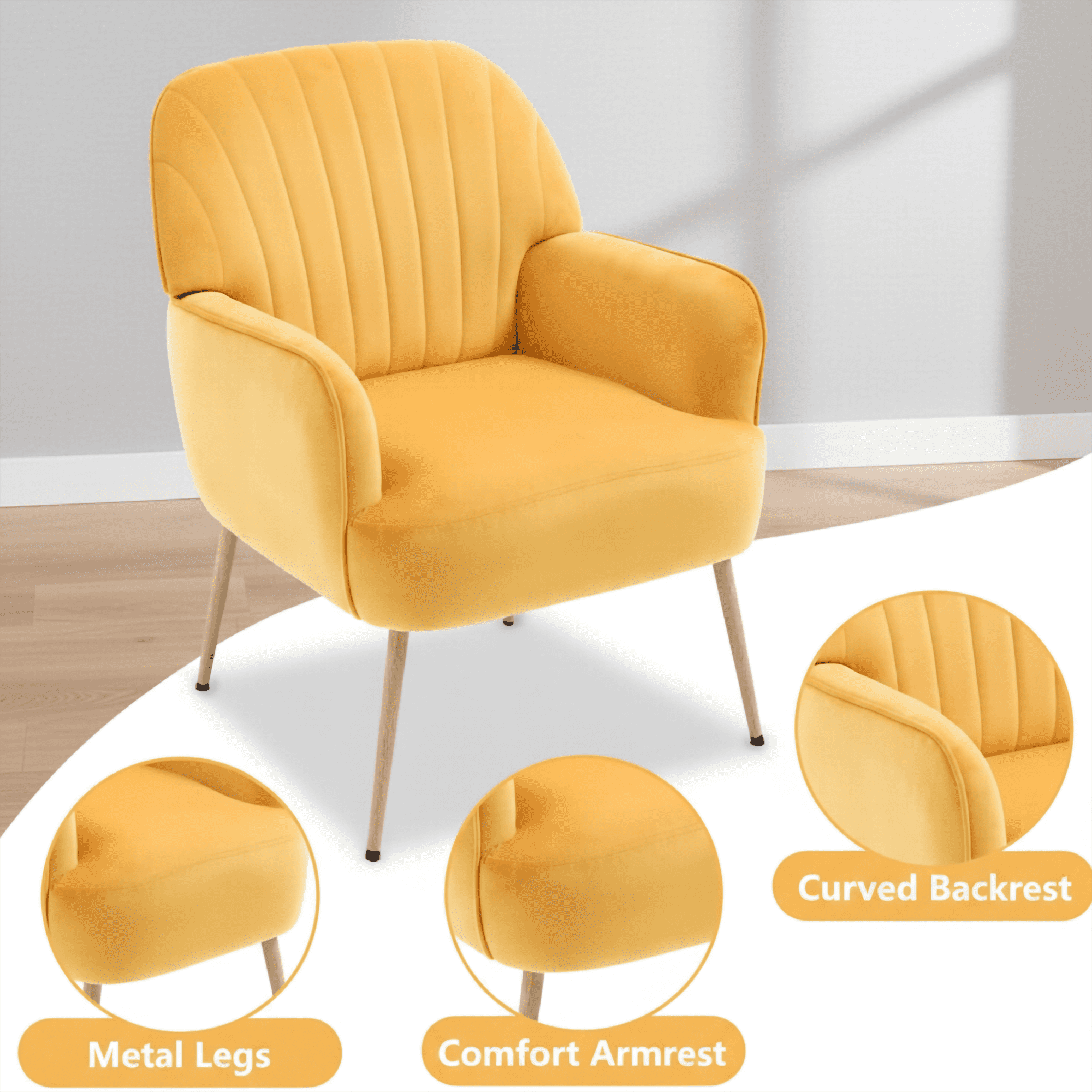 Mintazer Velvet Accent Chair with Shell-Shaped Backrest, Modern Upholstered Armchair with Metal Legs for Living Room & Bedroom, Yellow