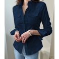 thumbnail image 4 of Women Button Down Shirts Long Sleeve Collared Office Work Blouses Beach Tops with Pockets Dark Blue M, 4 of 8