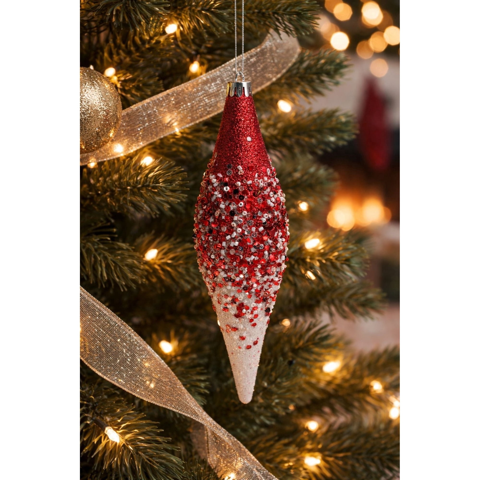 4-Count Red and White Glitter Ombre Finial Shatterproof Christmas Ornaments, 8.35", by Holiday Time
