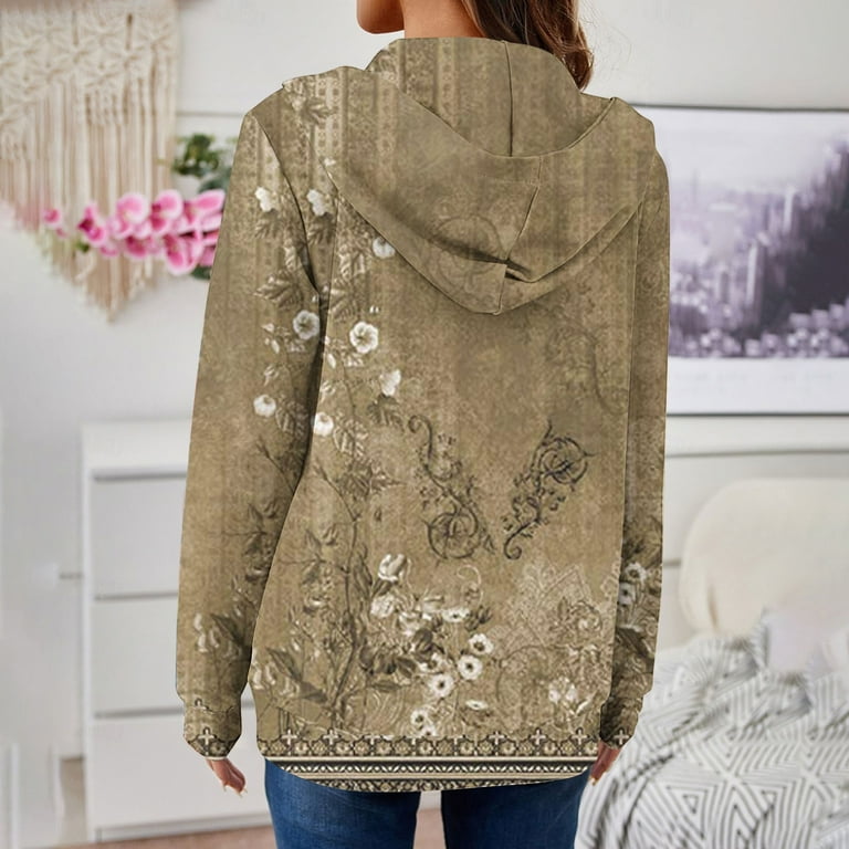 Coffee Women Long Sleeve Floral Jacket Hood Shacket Coats for