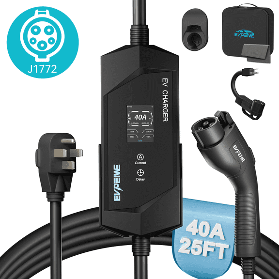 EVPEIWE,240V /40A J1772 Level 1/2 EV Charger 25ft, Portable EV Charger with NEMA 14-50/NEMA 5-15 Plug