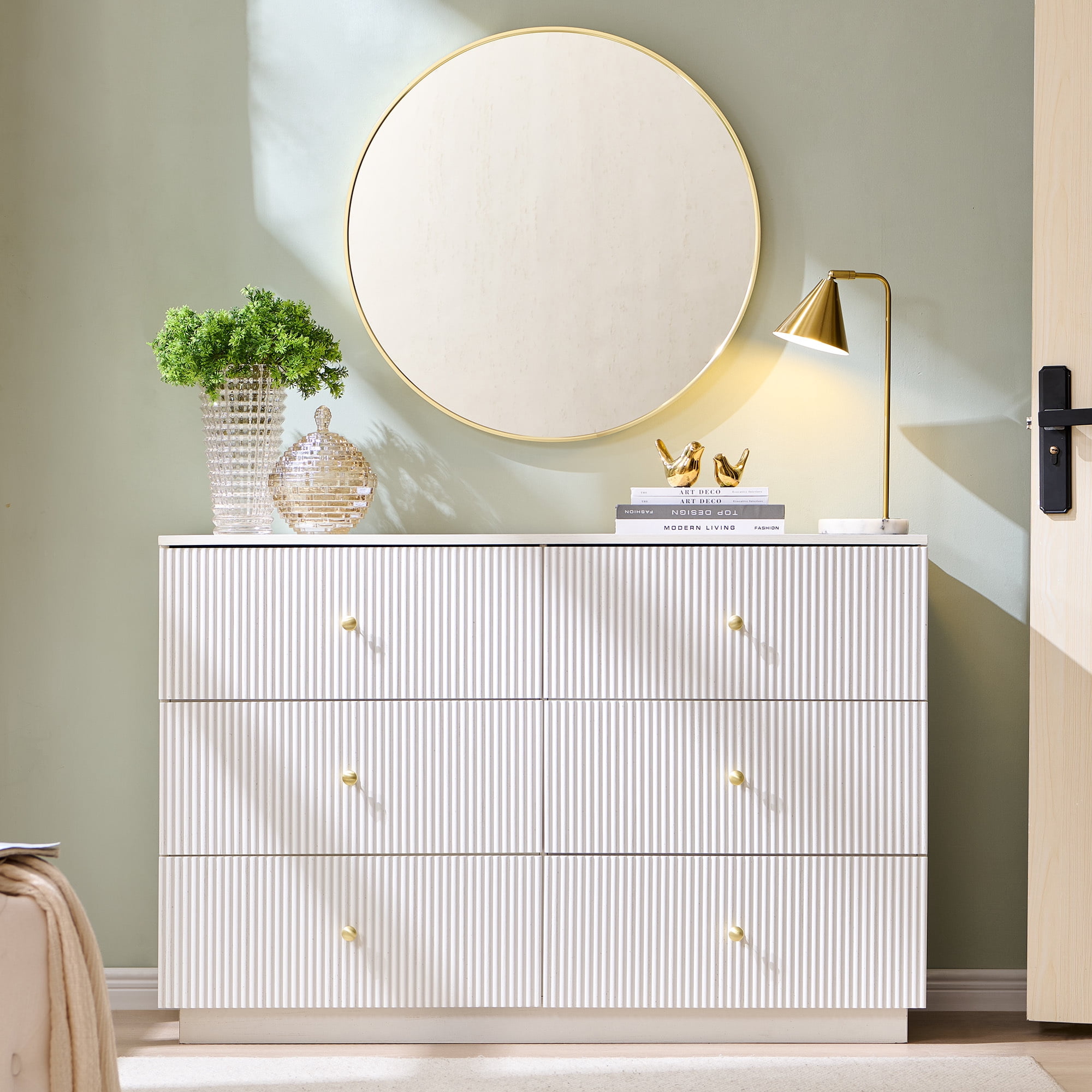 wow97e Fluted 6 Drawers Dresser, Wood 47" Tall Chest of Drawers with Deep Storage, Modern Bedroom Chest for Closet Hallway, Entryway, Living Room