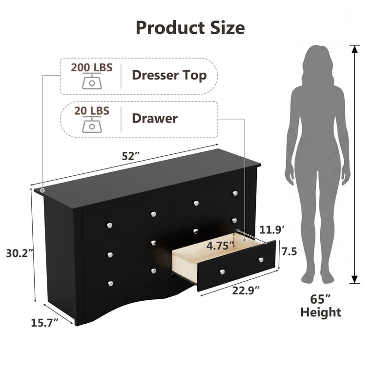 Homall 6 Drawer Dresser for Bedroom, Wood Double Chest of Drawers with Metal Handles, Wide Storage Cabinet Organizer for Living Room, Black, Adult