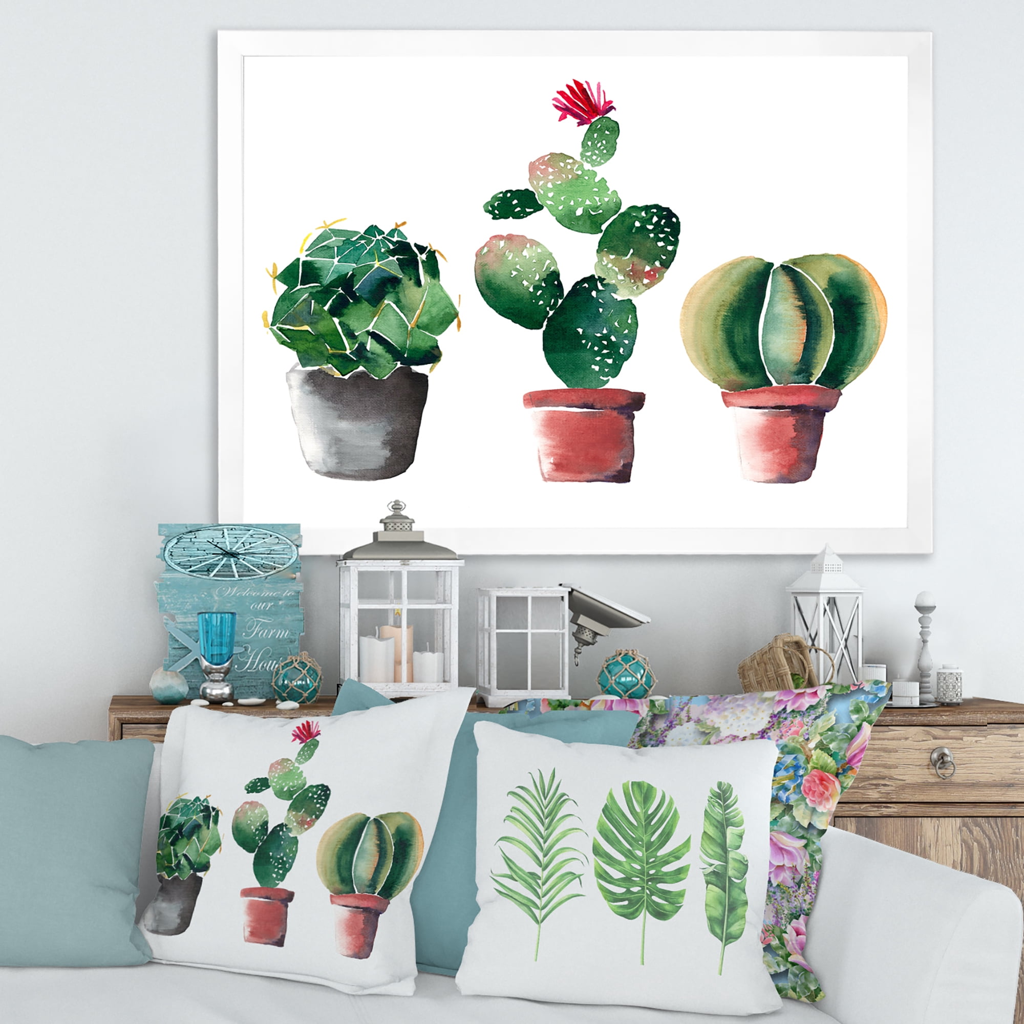 Designart 'Three Cacti In Clay Pots On White' Traditional Framed Art Print