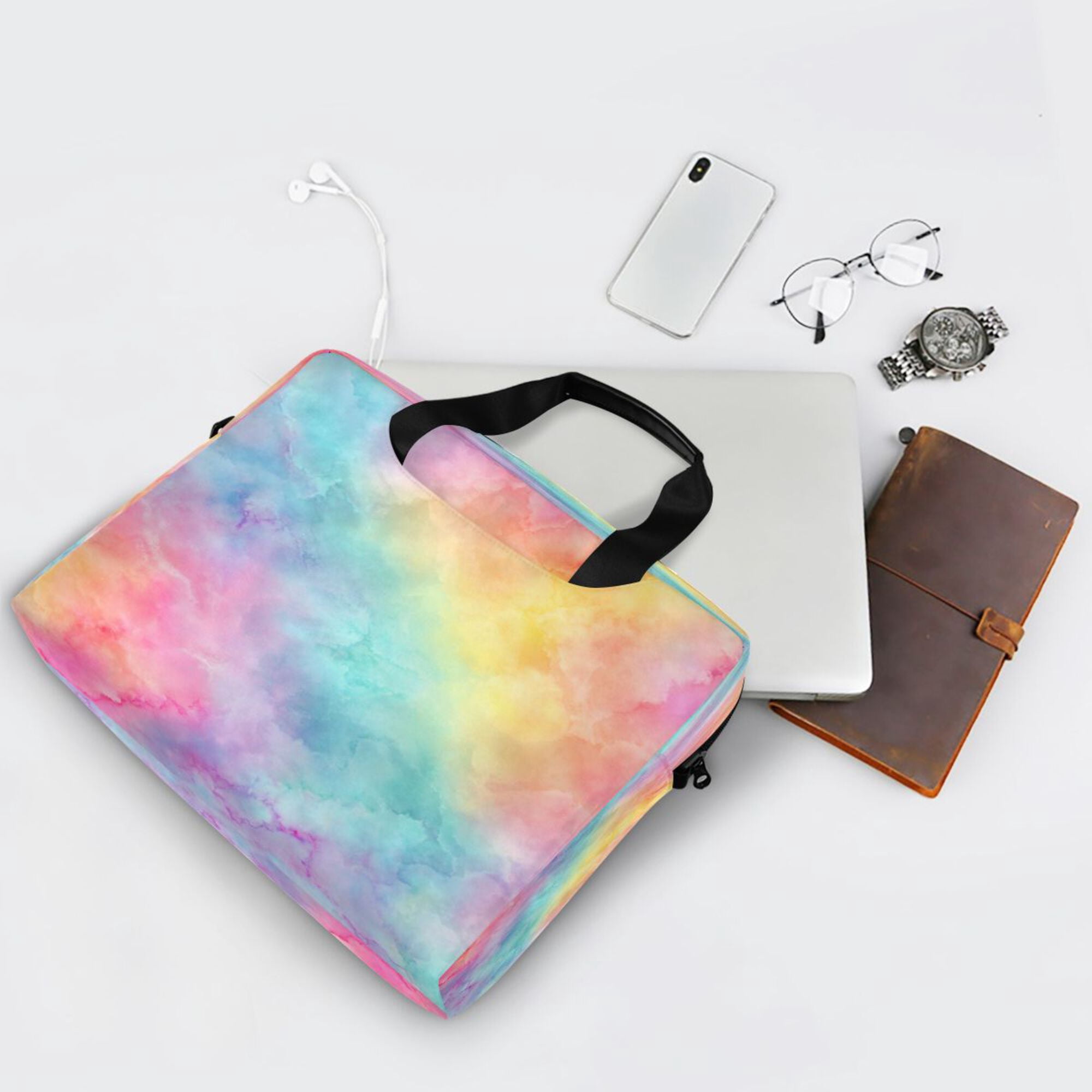 16" Laptop Briefcase, Detachable Anti-Slip Shoulder Strap, Multi-Compartment Work Travel Bag Pastel Rainbow Tie-dye Pattern